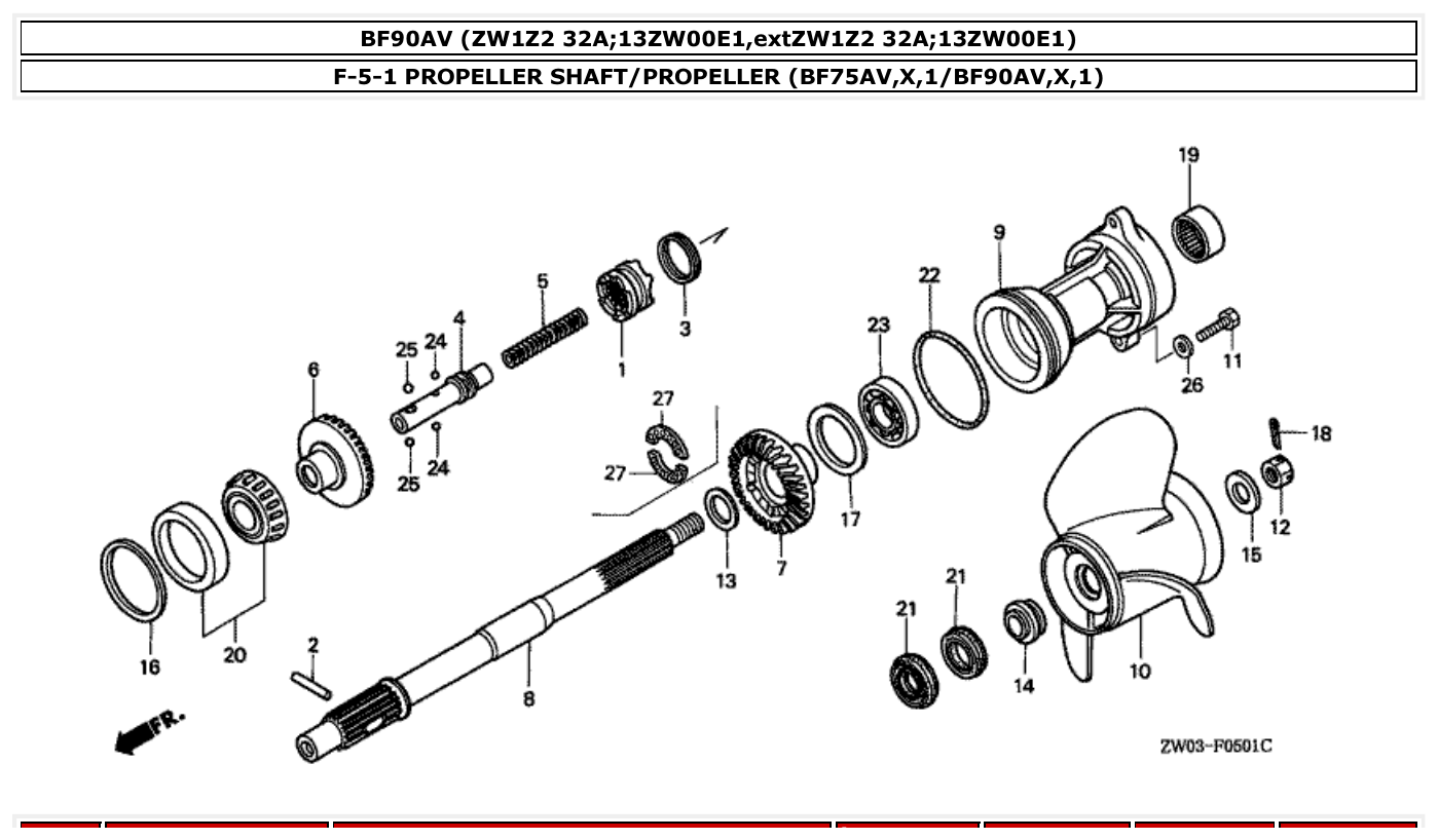 Honda BF90AV PROPELLER SHAFT/PROPELLER (BF75AV,X,1/BF90AV,X,1) parts diagram