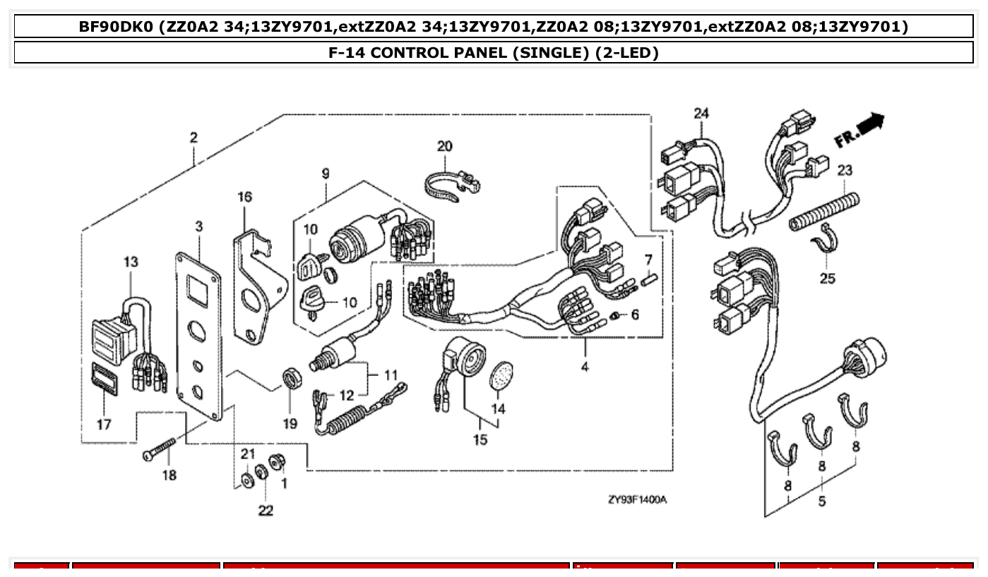 Honda BF90DK0 CONTROL PANEL (SINGLE) (2-LED) parts diagram