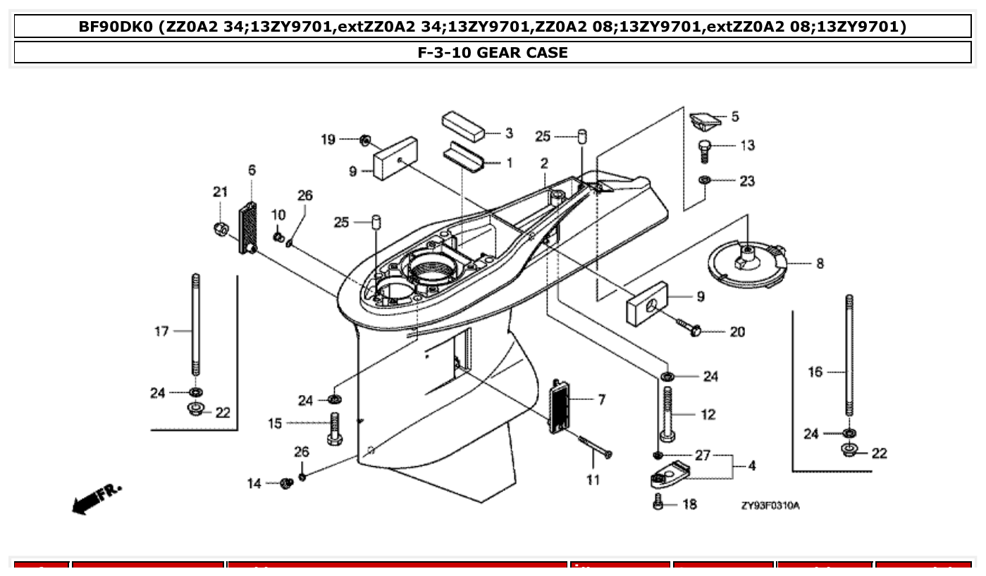 Honda BF90DK0 GEAR CASE parts diagram