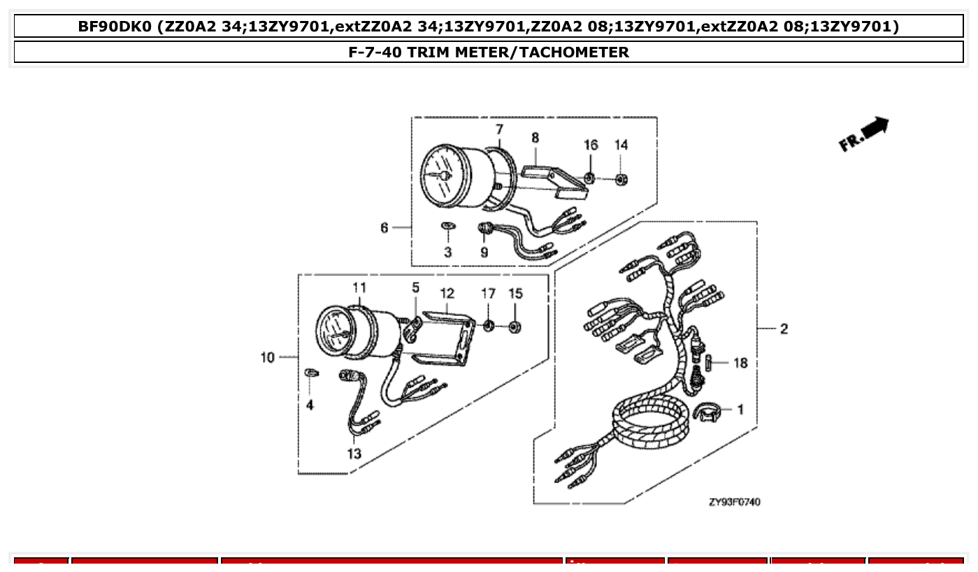Honda BF90DK0 TRIM METER/TACHOMETER parts diagram