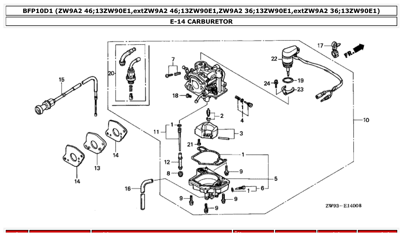 Honda BFP10D1 CARBURETOR parts diagram