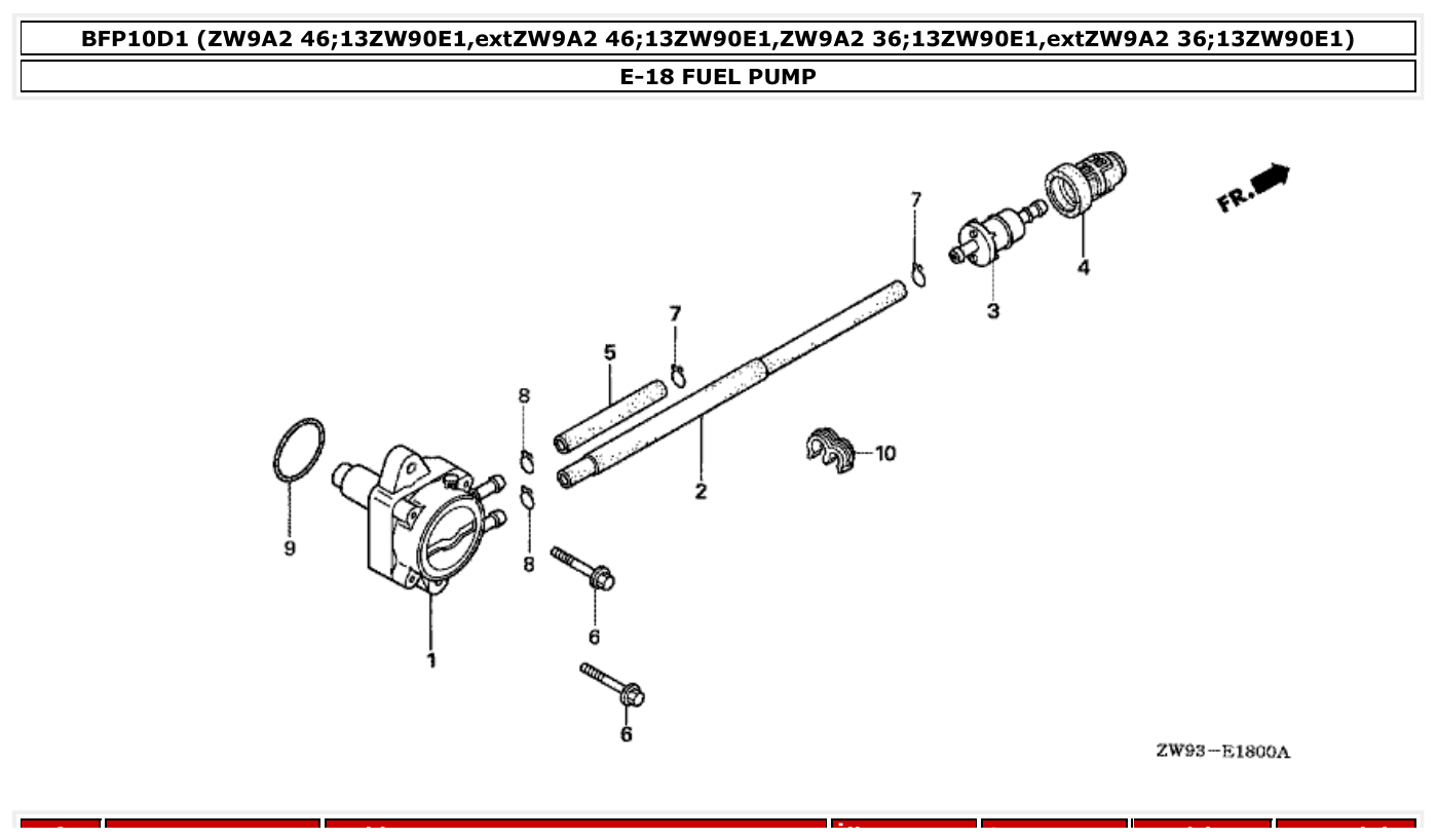 Honda BFP10D1 FUEL PUMP parts diagram