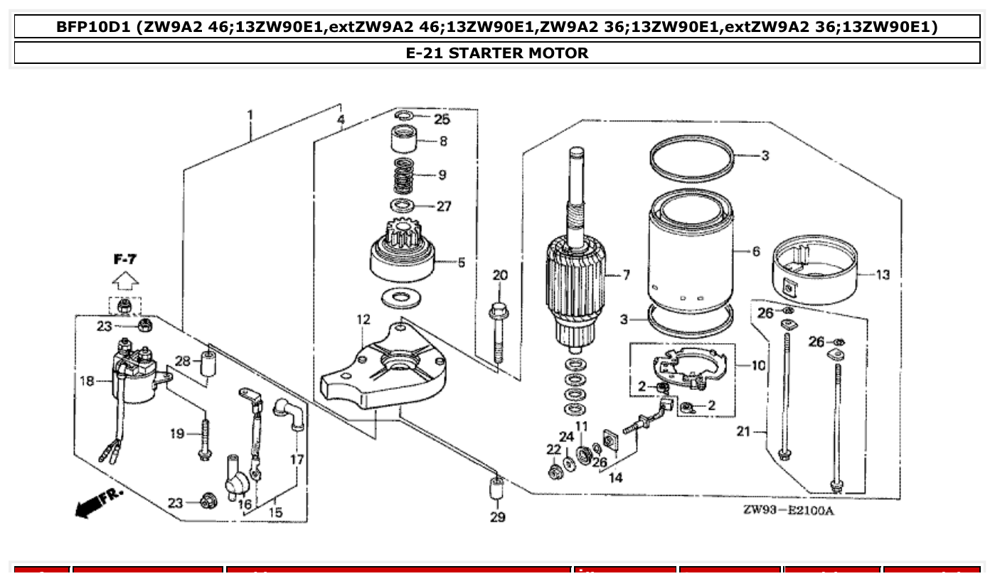 Honda BFP10D1 STARTER MOTOR parts diagram