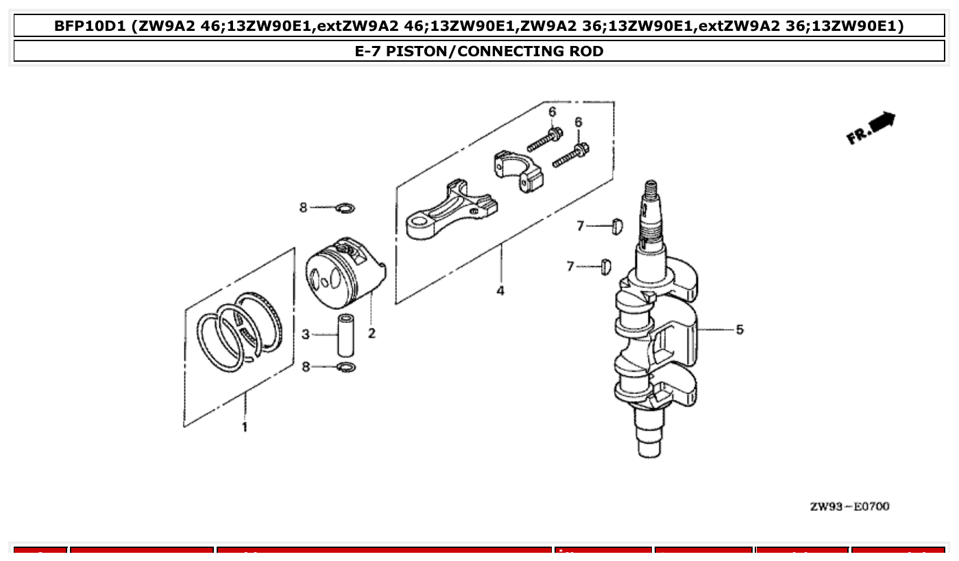 Honda BFP10D1 PISTON/CONNECTING ROD parts diagram