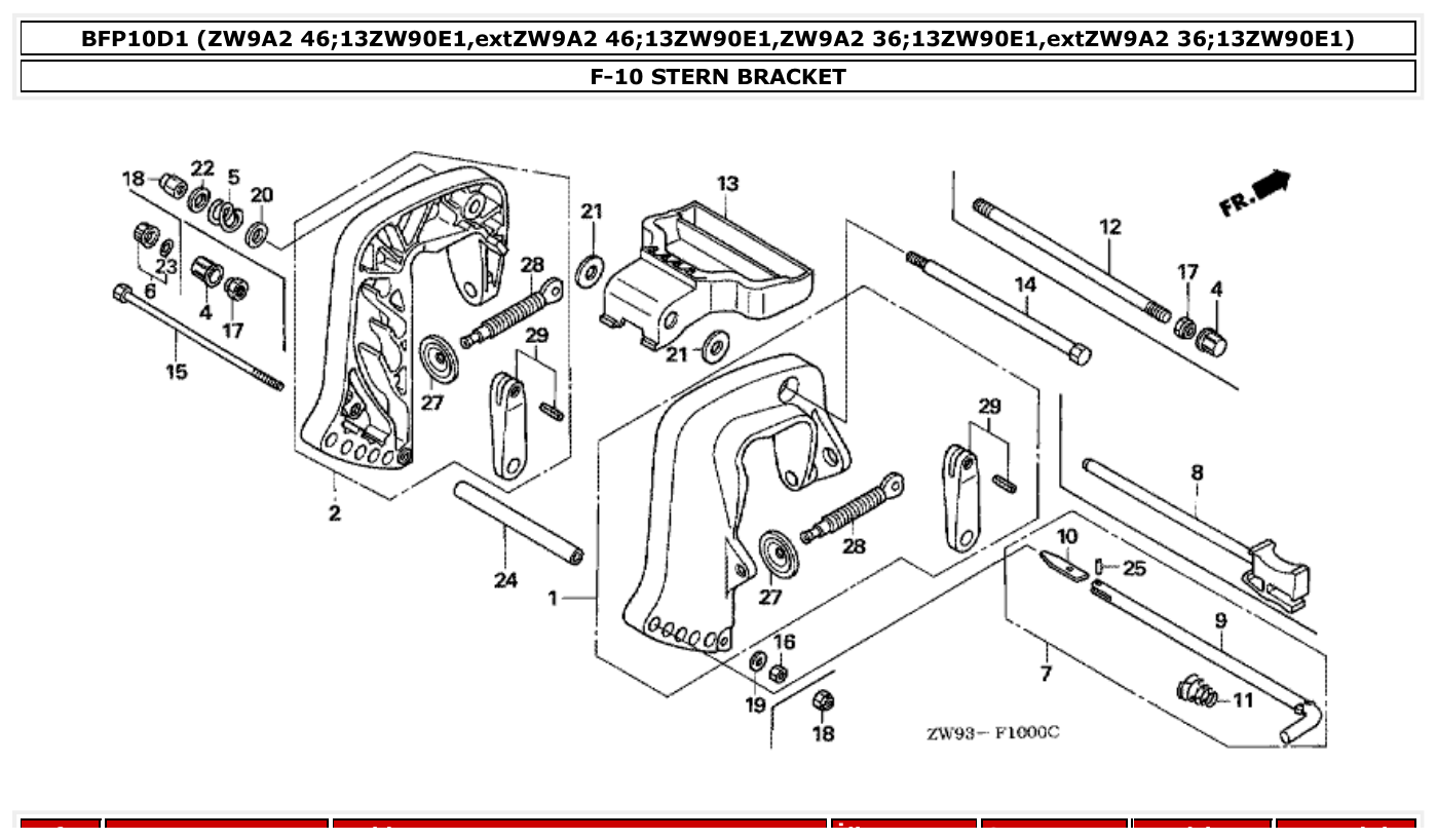 Honda BFP10D1 STERN BRACKET parts diagram