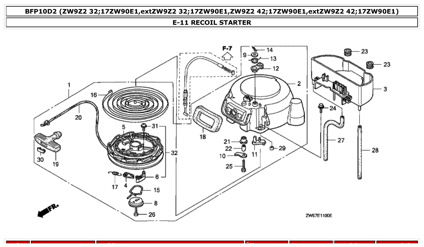 Honda BFP10D2 RECOIL STARTER parts diagram
