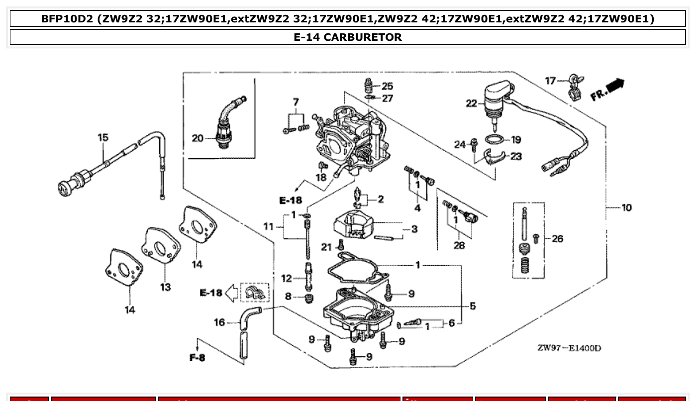 Honda BFP10D2 CARBURETOR parts diagram