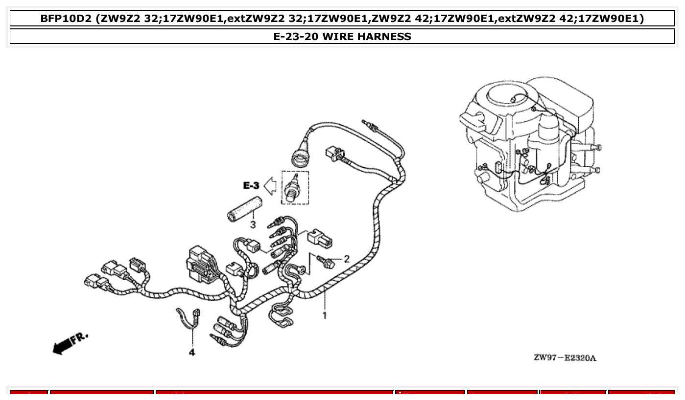 Honda BFP10D2 WIRE HARNESS parts diagram