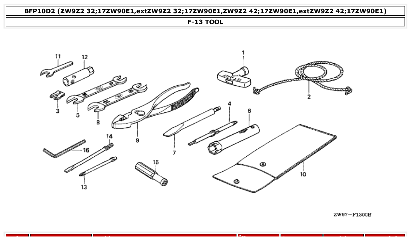 Honda BFP10D2 TOOL parts diagram