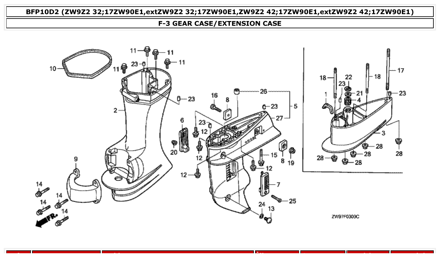 Honda BFP10D2 GEAR CASE/EXTENSION CASE parts diagram