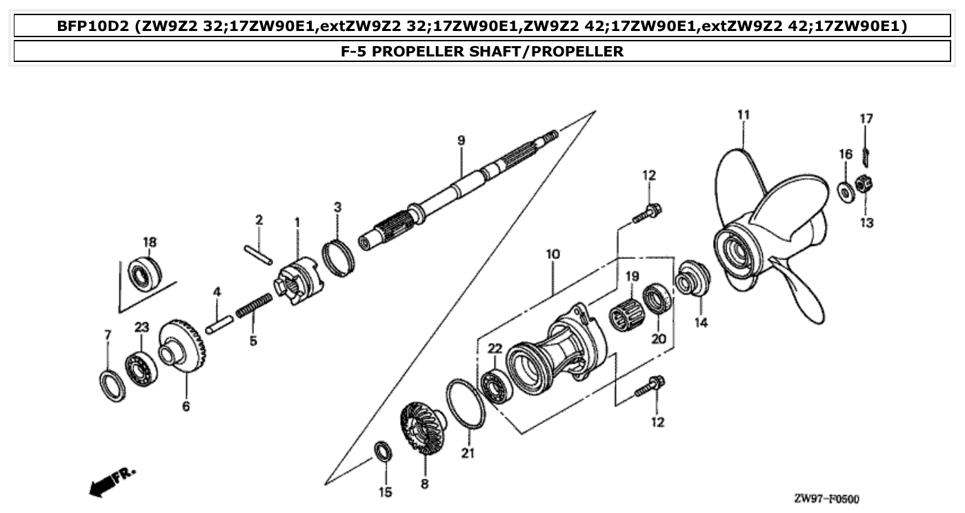 Honda BFP10D2 PROPELLER SHAFT/PROPELLER parts diagram