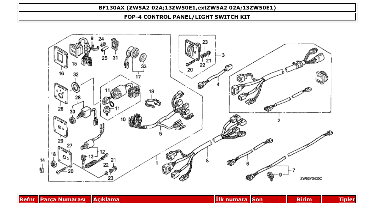 bf130ax – section FOP-4 CONTROL PANEL/LIGHT SWITCH KIT parts diagram