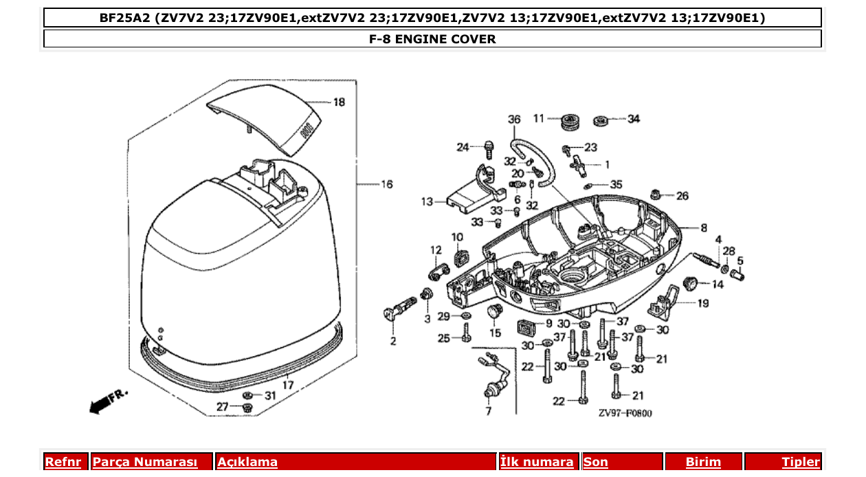 bf25a2 – section F-8 ENGINE COVER parts diagram