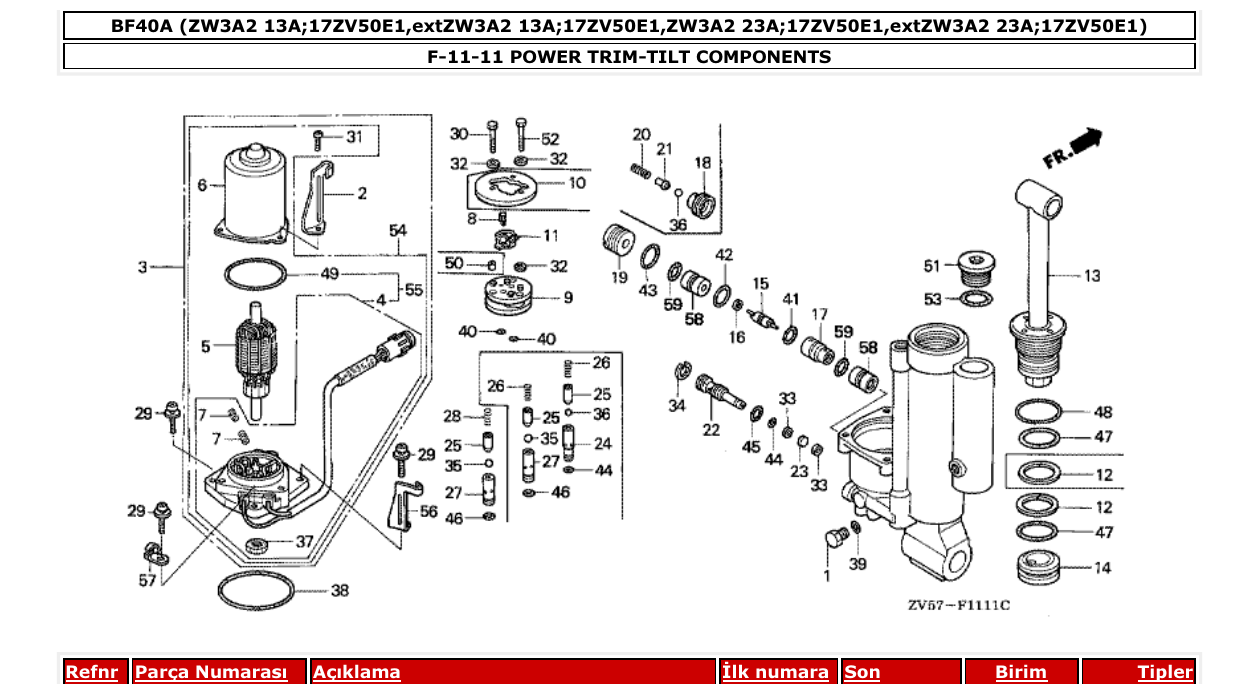 Fig. F-11-11 – POWER TRIM-TILT COMPONENTS diagram