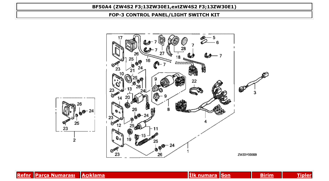 bf50a4 – section FOP-3 CONTROL PANEL/LIGHT SWITCH KIT parts diagram