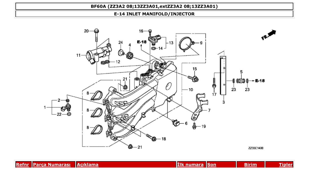Fig. E-14 – INLET MANIFOLD/INJECTOR diagram