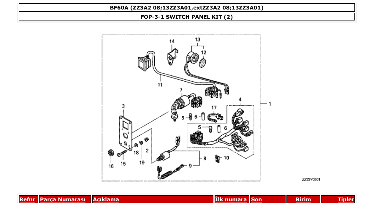 bf60a – section FOP-3-1 SWITCH PANEL KIT (2) parts diagram