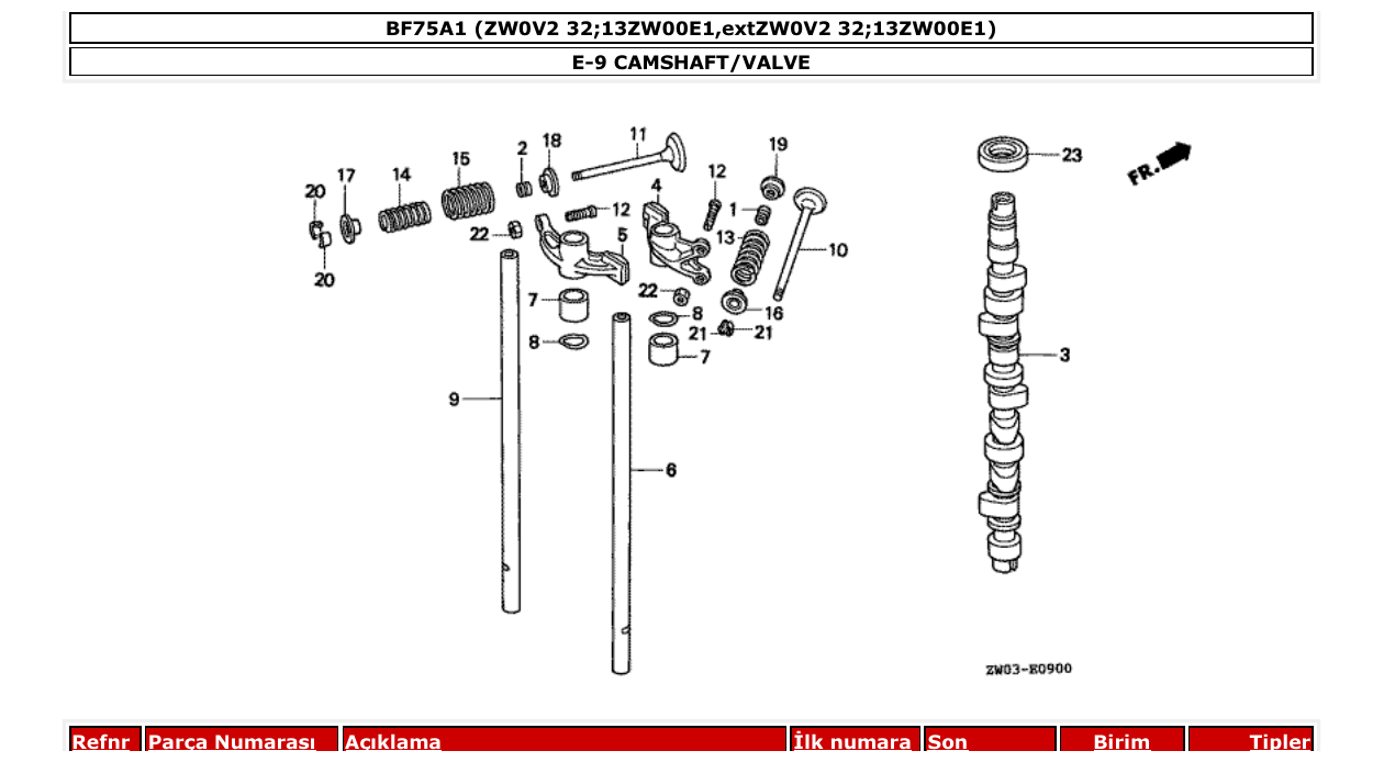 bf75a1 – section E-9 CAMSHAFT/VALVE parts diagram
