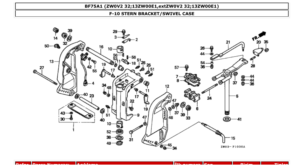 bf75a1 – section F-10 STERN BRACKET/SWIVEL CASE parts diagram