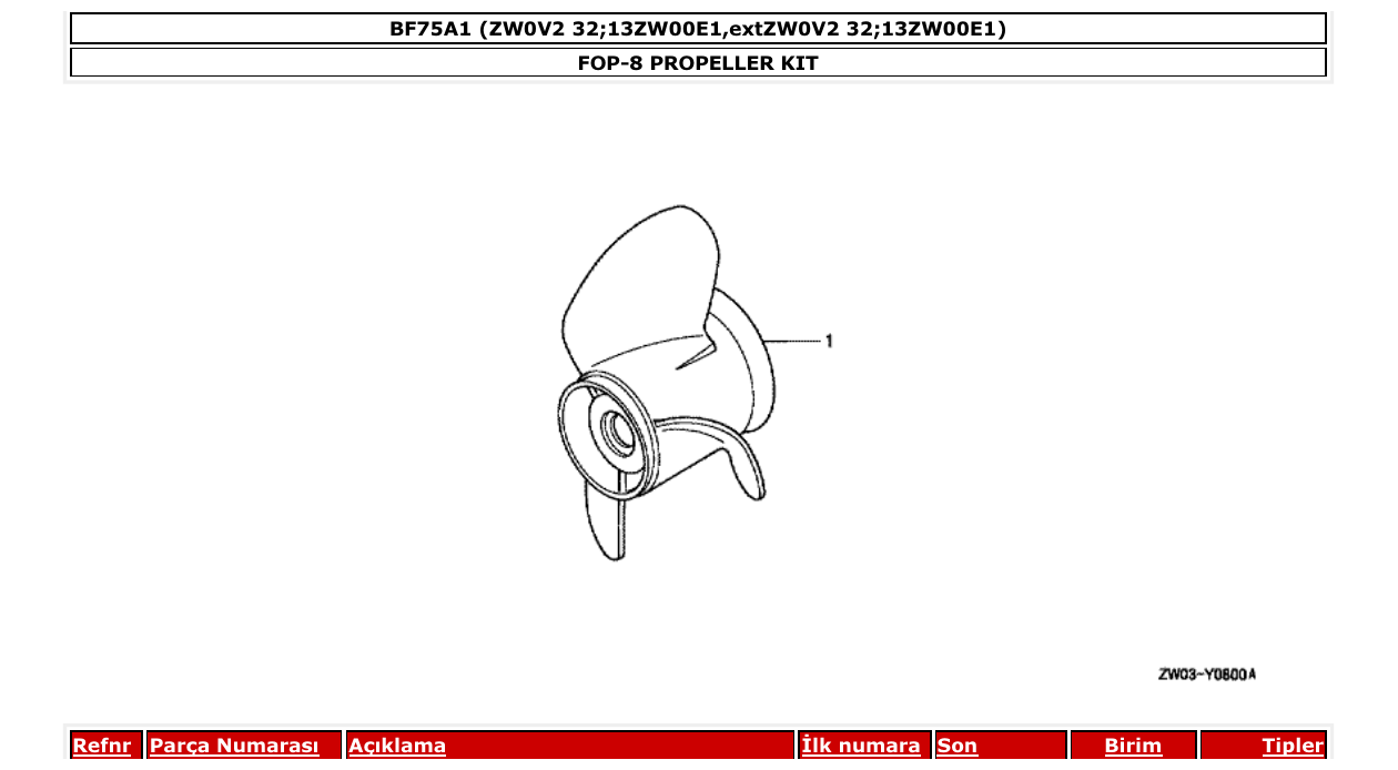 bf75a1 – section FOP-8 PROPELLER KIT parts diagram