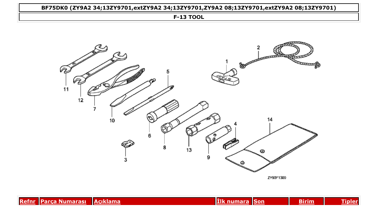 bf75dk0 – section F-13 TOOL parts diagram