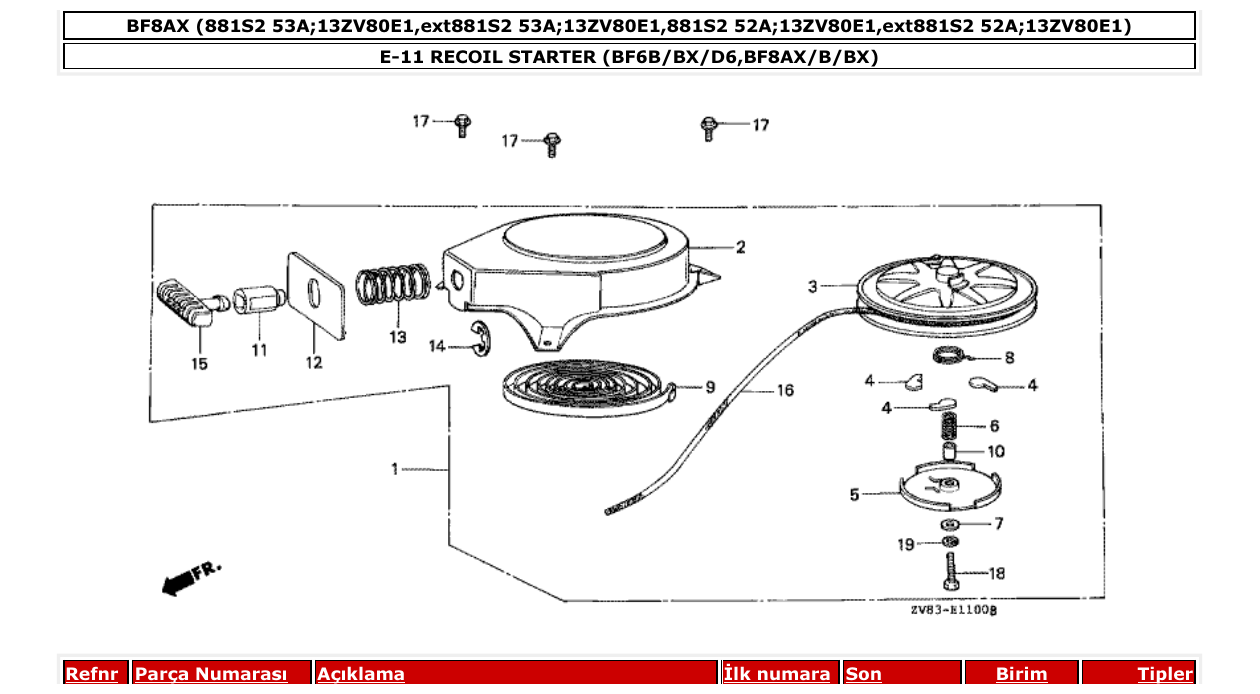 Fig. E-11 – RECOIL STARTER (BF6B/BX/D6,BF8AX/B/BX) diagram