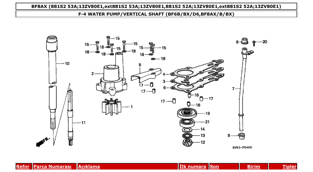 Fig. F-4 – WATER PUMP/VERTICAL SHAFT (BF6B/BX/D6,BF8AX/B/BX) diagram