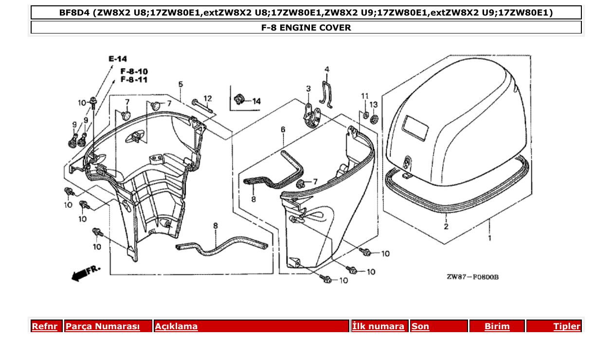 bf8d4 – section F-8 ENGINE COVER parts diagram