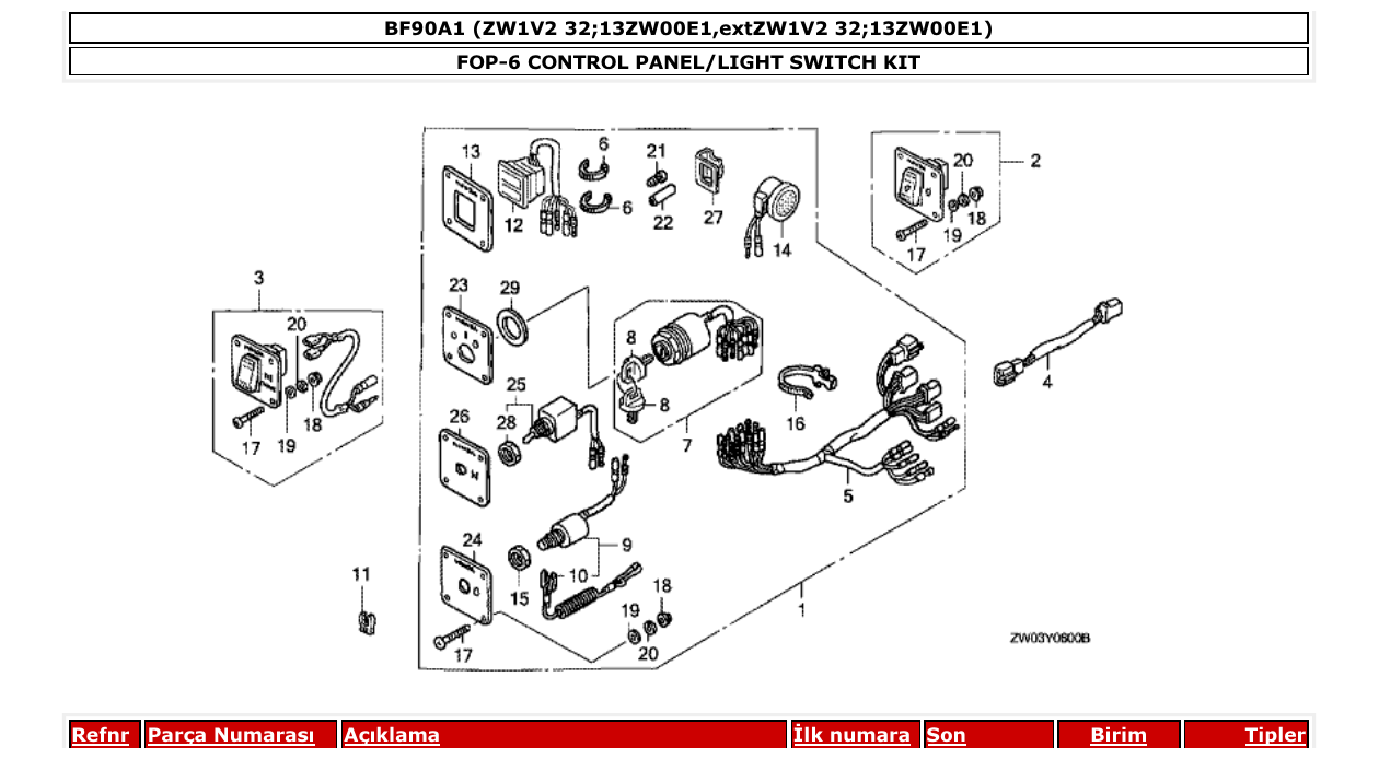 bf90a1 – section FOP-6 CONTROL PANEL/LIGHT SWITCH KIT parts diagram