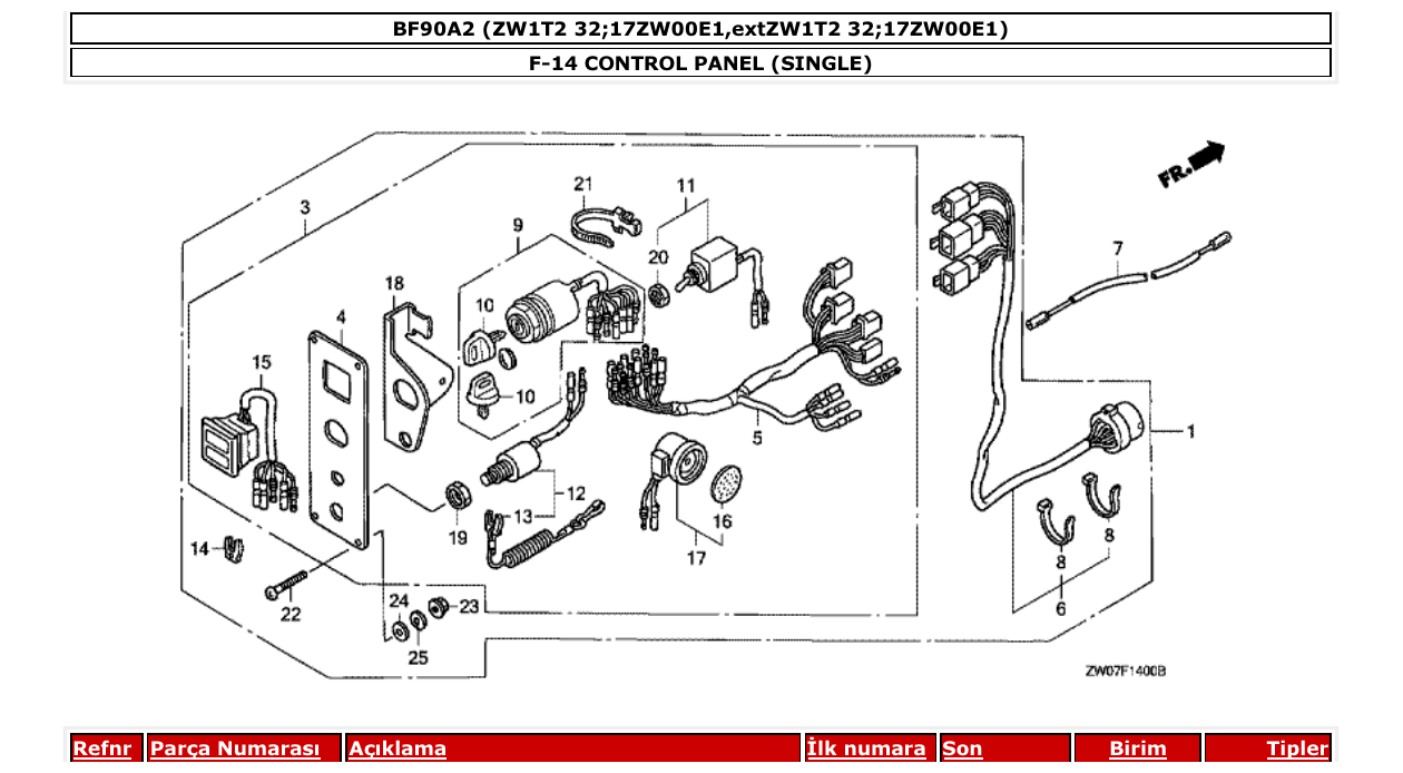 bf90a2 – section F-14 CONTROL PANEL (SINGLE) parts diagram