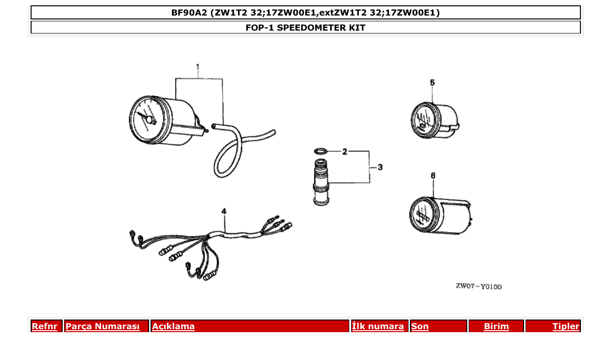 bf90a2 – section FOP-1 SPEEDOMETER KIT parts diagram