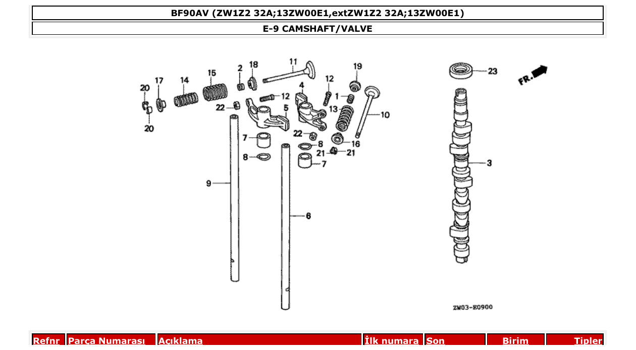 bf90av – section E-9 CAMSHAFT/VALVE parts diagram