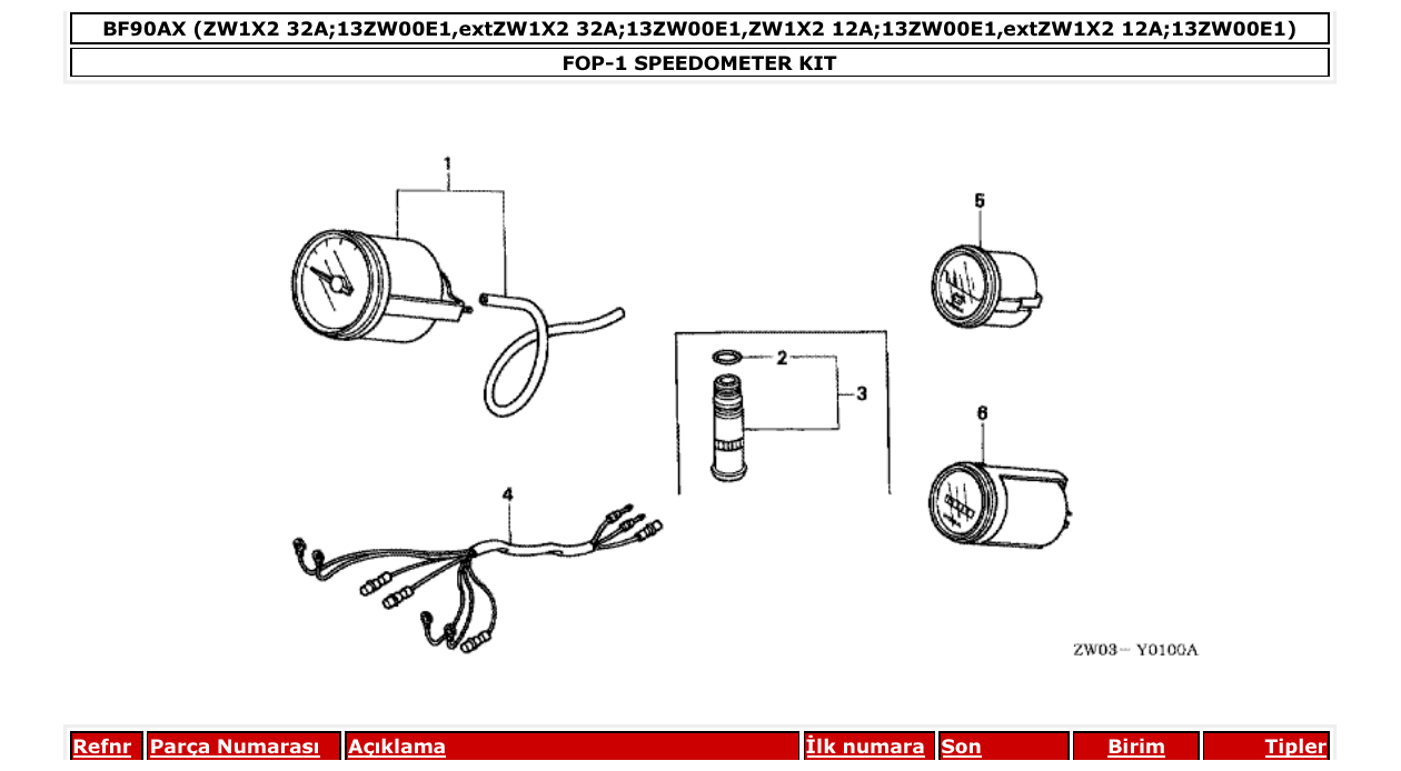 bf90ax – section FOP-1 SPEEDOMETER KIT parts diagram