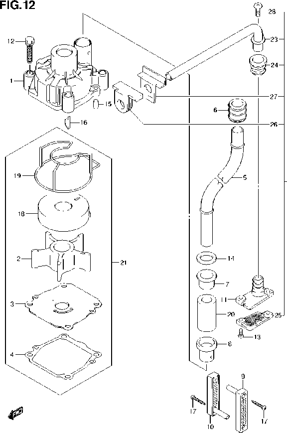 Fig. 12 – WATER PUMP (DF140AT E03) diagram