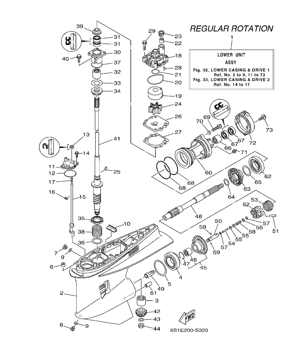 F200BET'19 – section 32 LOWER CASING & DRIVE 1 IMPULSOR E INFERIOR 1 parts diagram