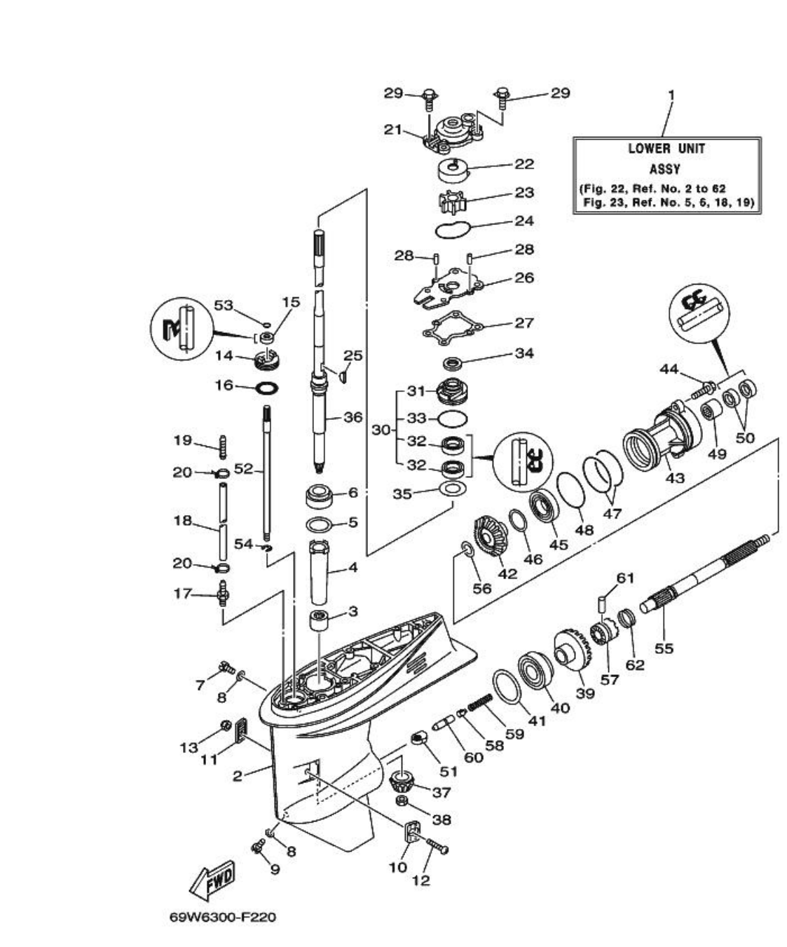 F60A – section 22 LOWER CASING & DRIVE 1 parts diagram