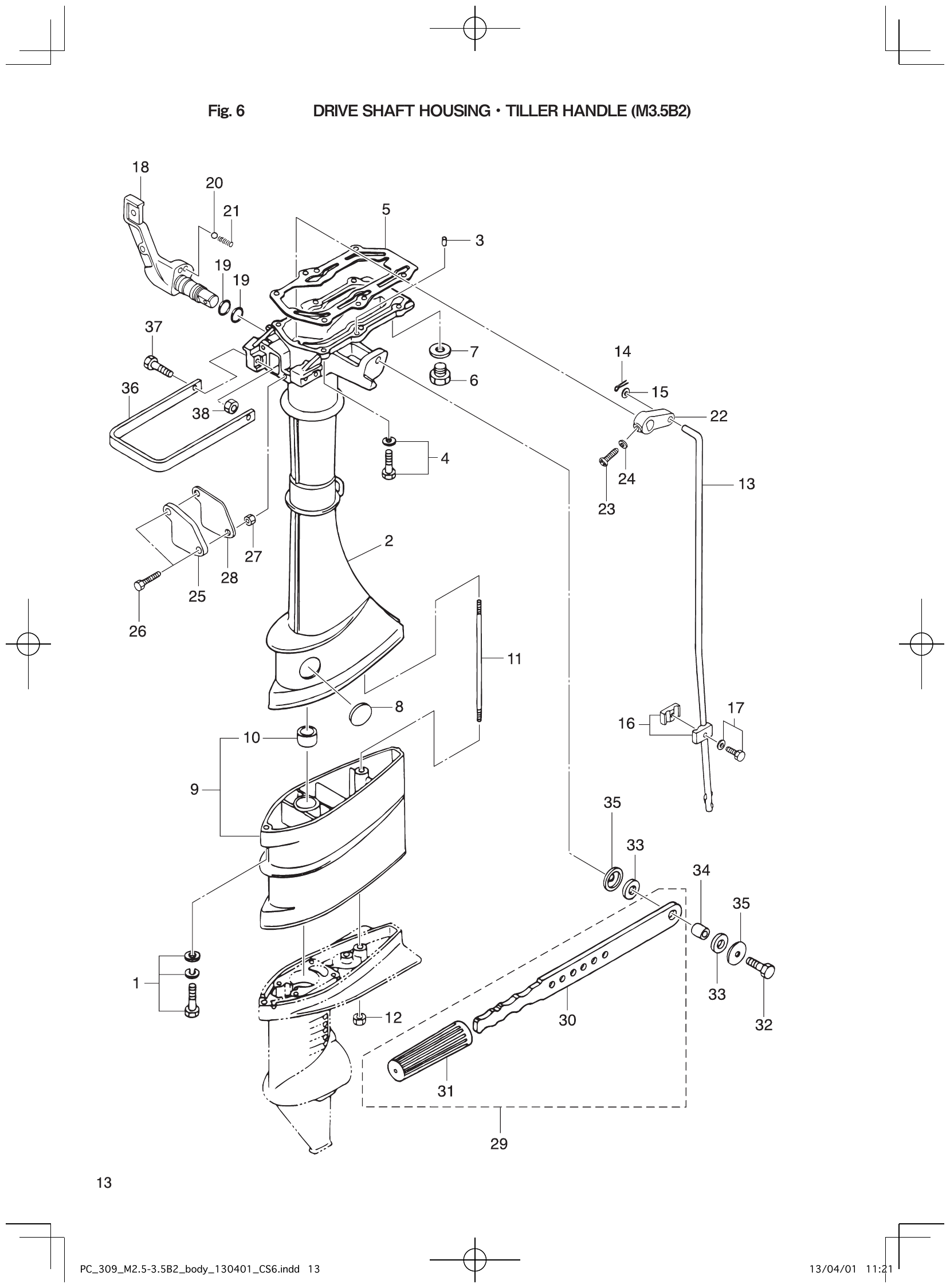 Fig. 6 – DRIVE SHAFT HOUSING TILLER HANDLE (M3.5B2) diagram