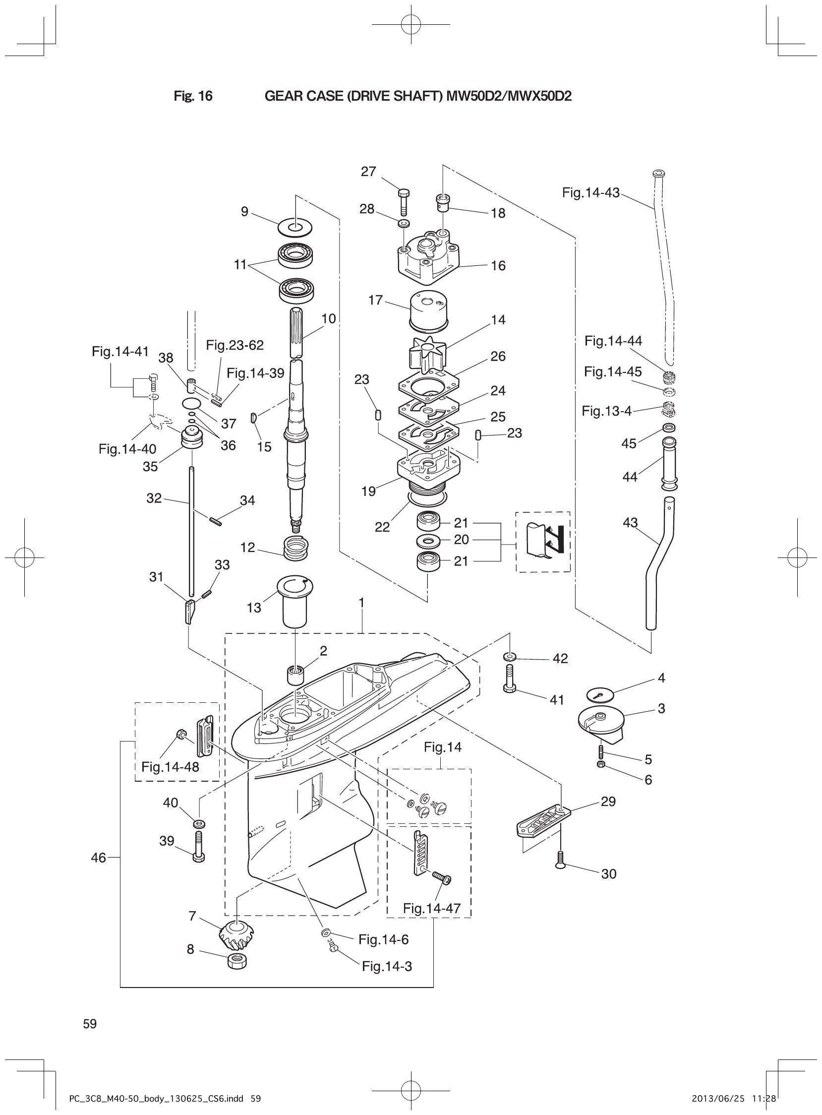 Fig. 16 – GEAR CASE (DRIVE SHAFT) MW50D2/MWX50D2 diagram