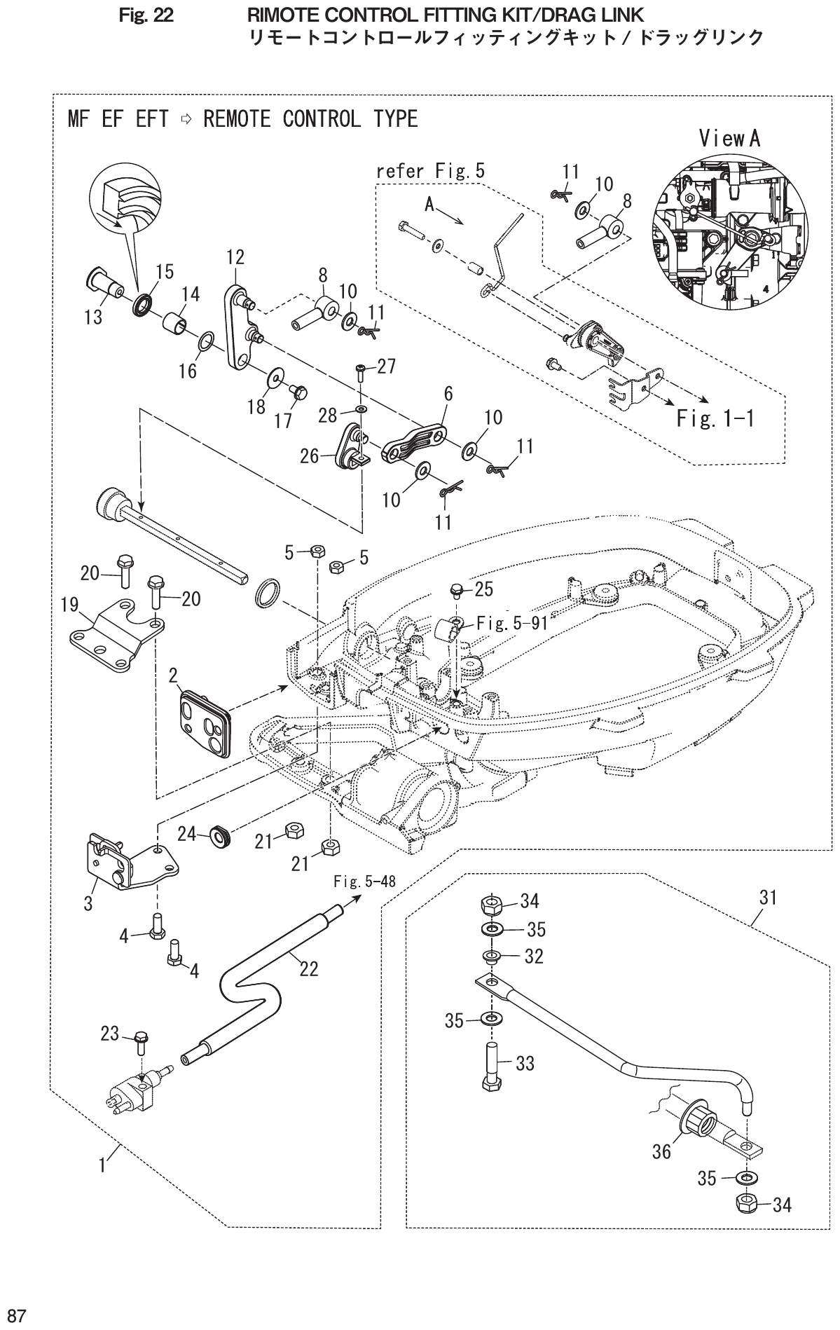 Fig. 22 – RIMOTE CONTROL FITTING KIT/DRAG LINK / diagram