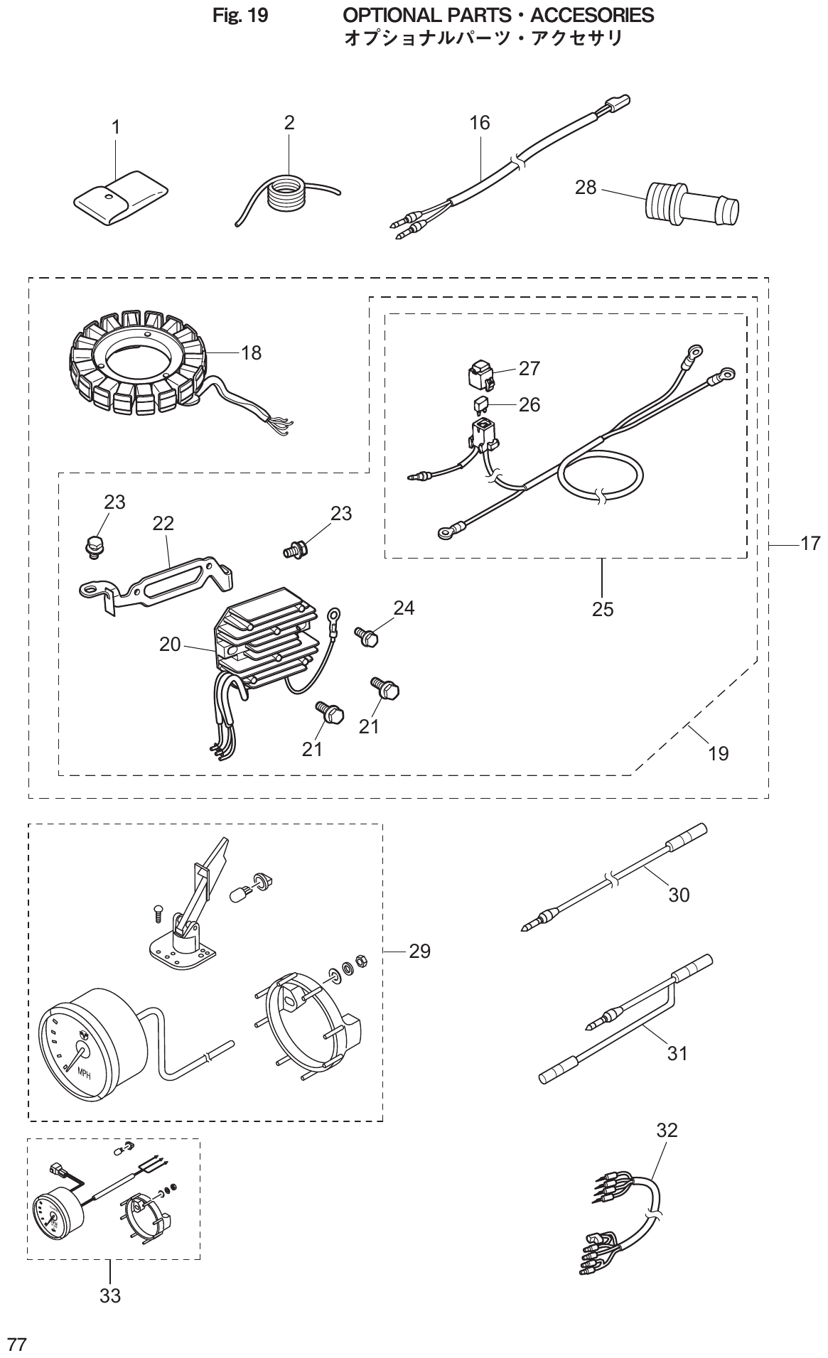 Fig. 19 – OPTIONAL PARTS ACCESORIES 1 2 16 28 18 27 26 23 22 23 17 24 25 20 21 19 30 29 31 32 33 diagram