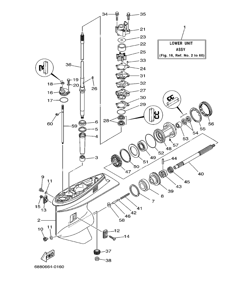 85AED’01 – section 16 LOWER CASING. DRIVE 1 parts diagram