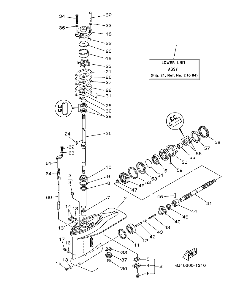 E40G’04 – section 21 LOWER CASING & DRIVE 1 parts diagram