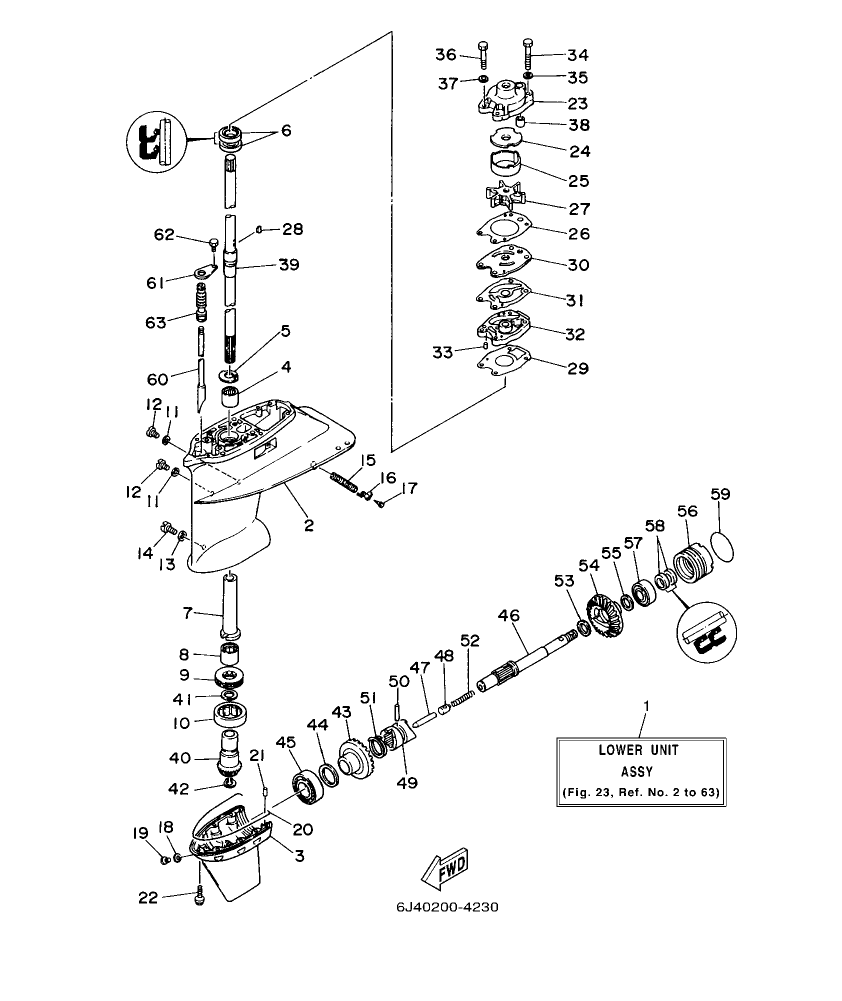 E40G’04 – section 23 LOWER CASING & DRIVE 3 parts diagram