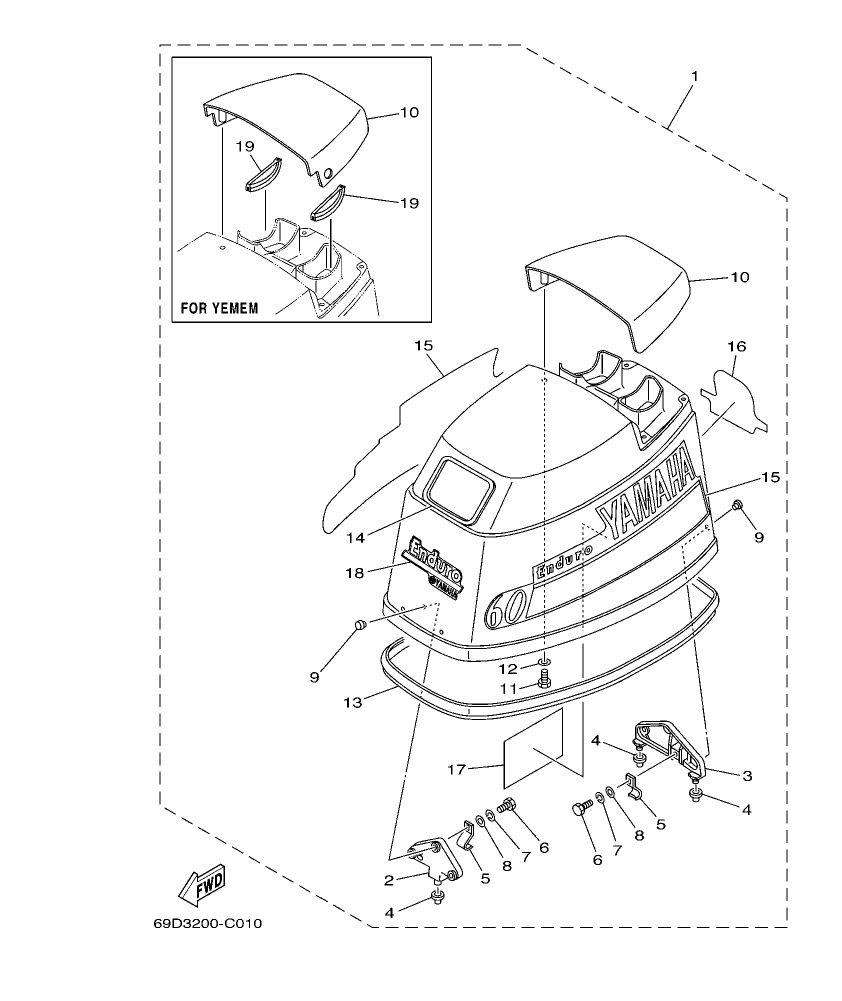 E60H’04 – section 1 TOP COWLING parts diagram