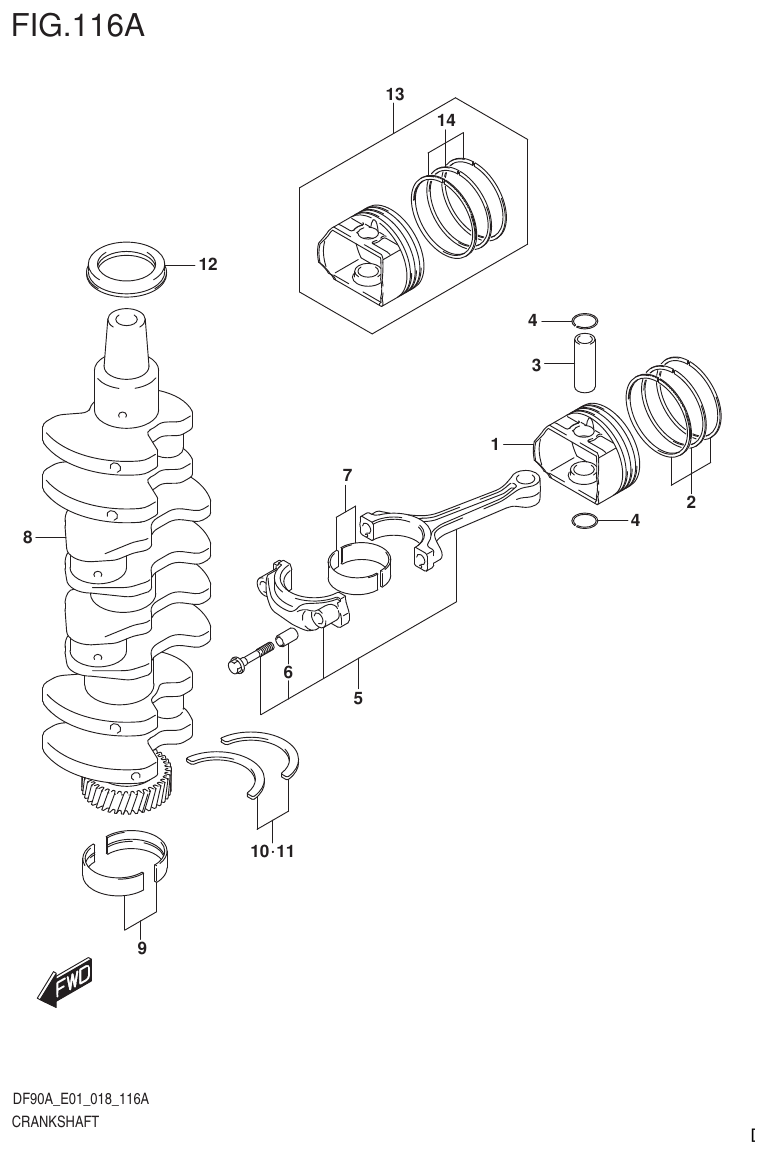 Suzuki DF80A, DF90A, DF90ATH, DF100B CRANKSHAFT parts diagram