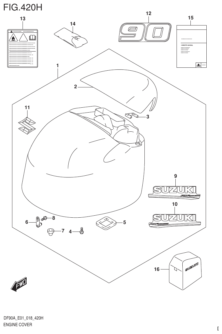 Suzuki DF80A, DF90A, DF90ATH, DF100B ENGINE COVER (DF90A E40) parts diagram
