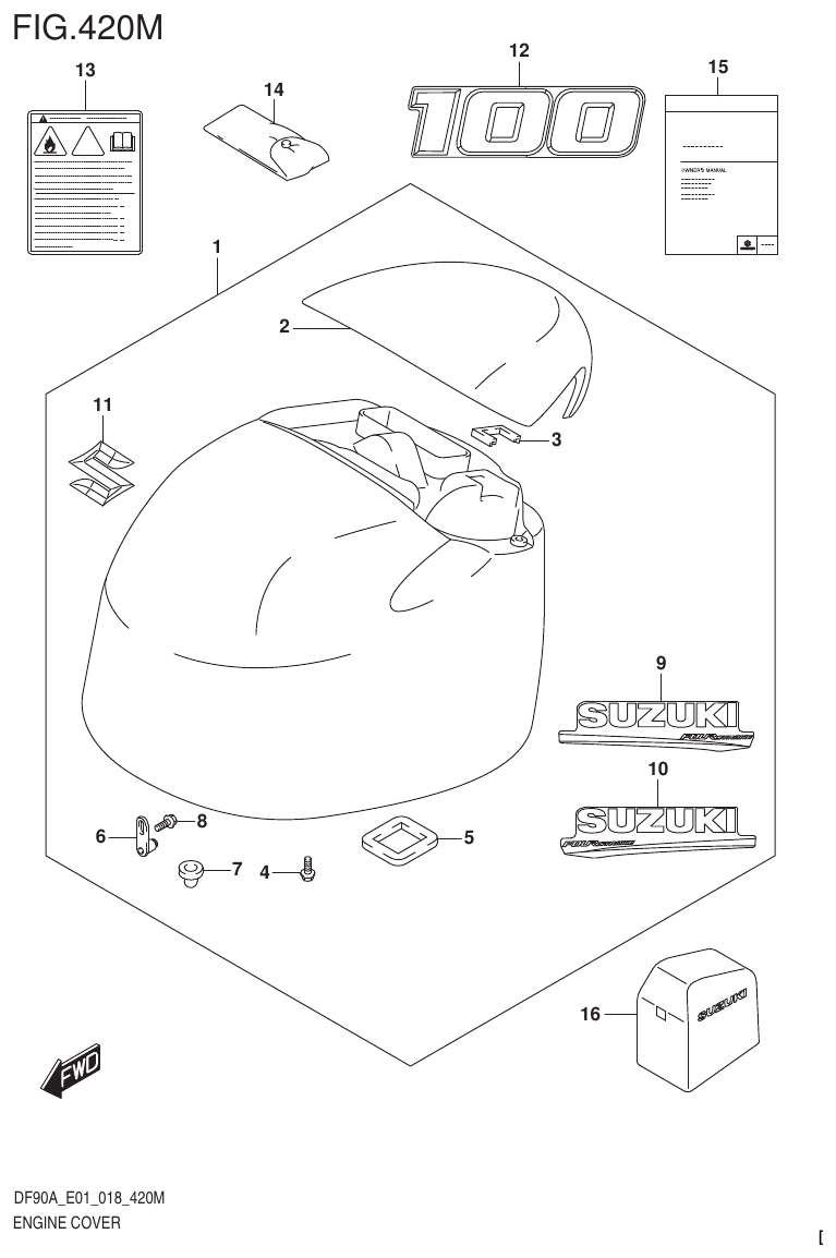 Suzuki DF80A, DF90A, DF90ATH, DF100B ENGINE COVER (DF100B E40) parts diagram