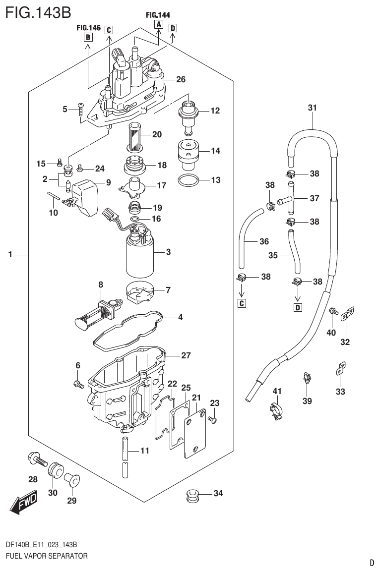 Suzuki DF140B, DF140BT, DF140BZ, DF115BT, DF115BZ, DF115B FUEL VAPOR SEPARATOR (E40) parts diagram