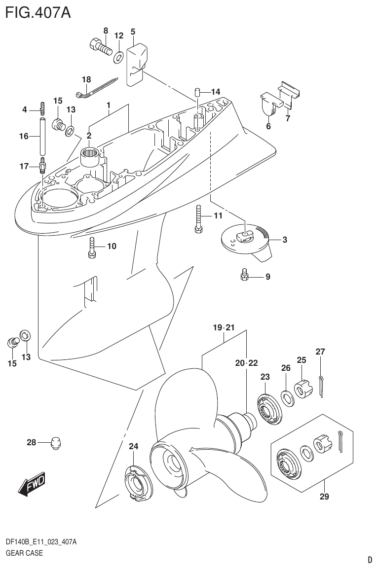 Suzuki DF140B, DF140BT, DF140BZ, DF115BT, DF115BZ, DF115B GEAR CASE ((DF140BT,DF115BT):E11) parts diagram