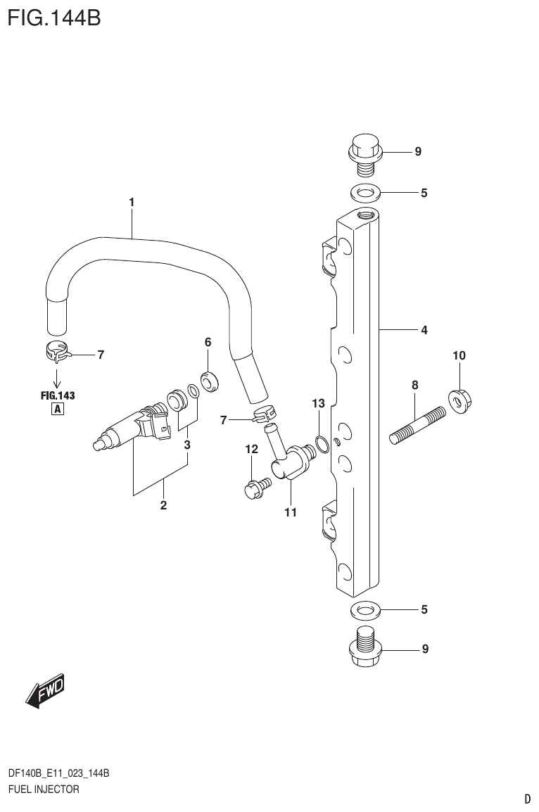 Suzuki DF140B, DF115B Section 144B FUEL INJECTOR (E40) Parts Diagram